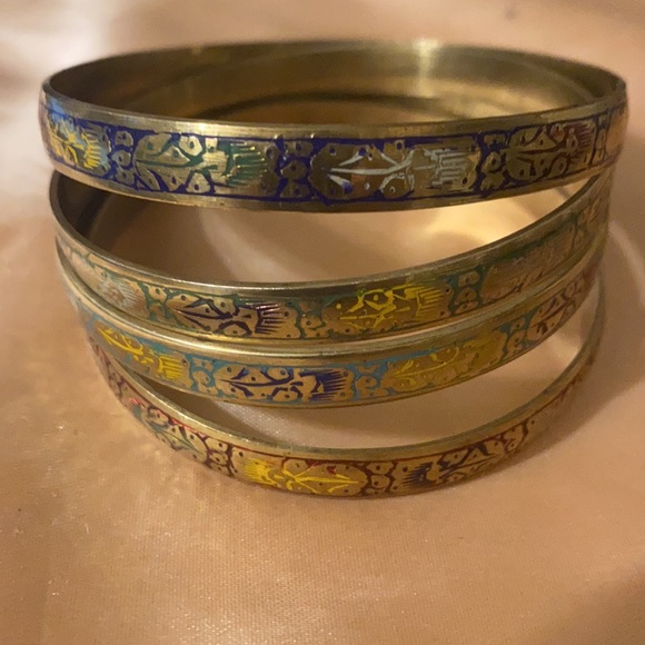 VINTAGE BROWN, GREEN AND GOLD CLOISONNÉ BANGLE BRACELET - Picture 2 of 4